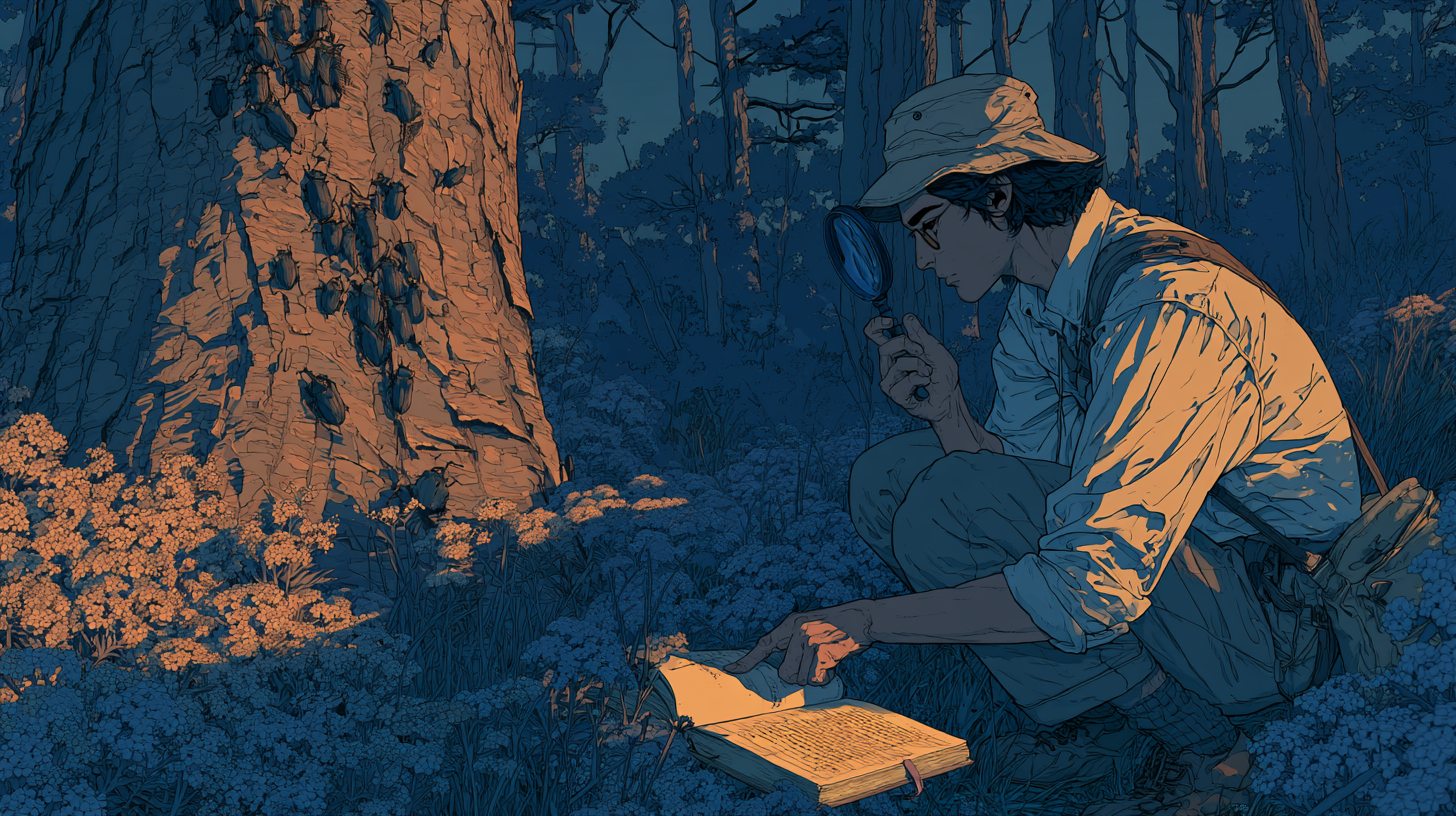 Illustration of a researcher observing insects on a tree while taking notes in a forest.