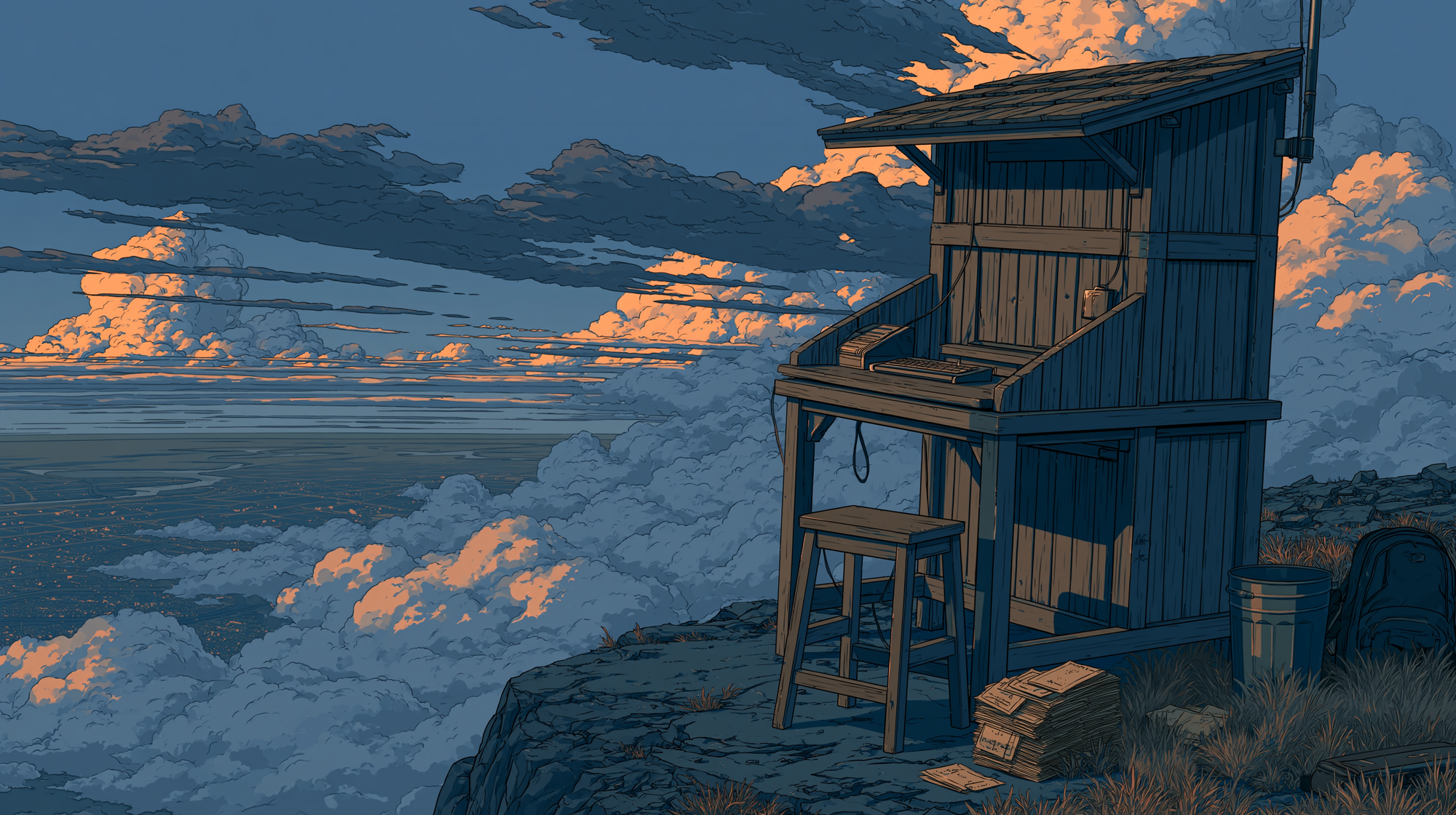 Illustration of a small wooden help desk booth perched on a cliff above the clouds at sunset, with warm orange light reflecting across the sky and ocean-like cloudscape.