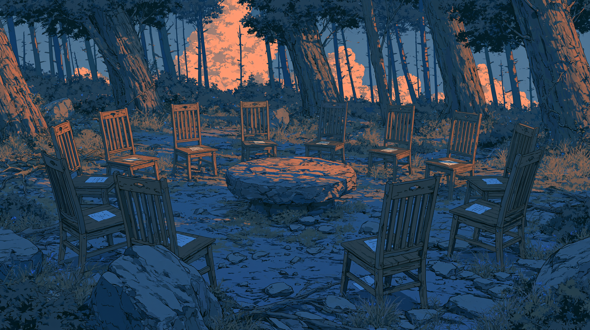Illustration of empty chairs arranged around a stone table in a forest meeting area at sunset representing a customer advisory board.