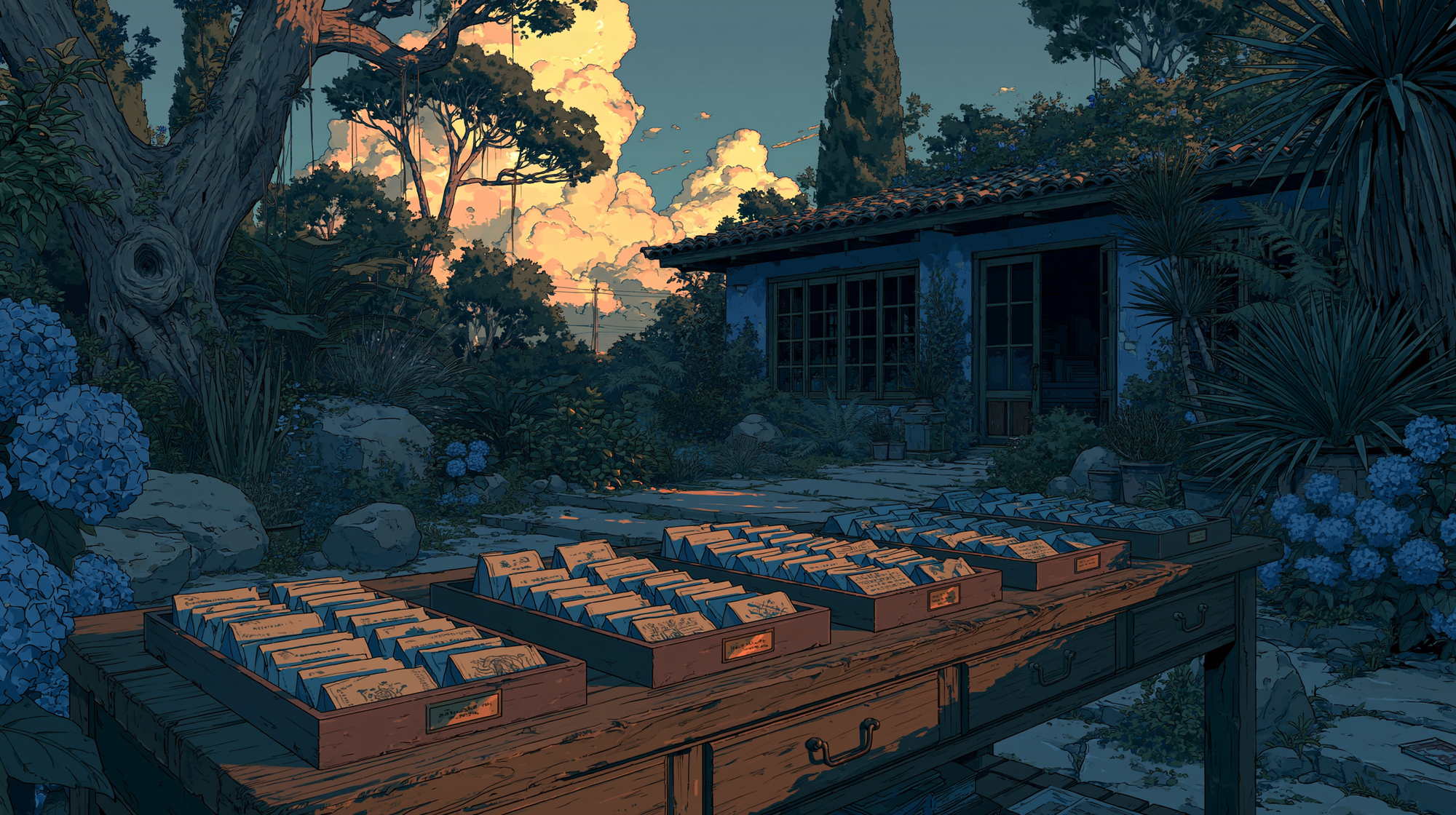 Illustration of organized report cards filed in wooden trays on an outdoor desk at sunset.