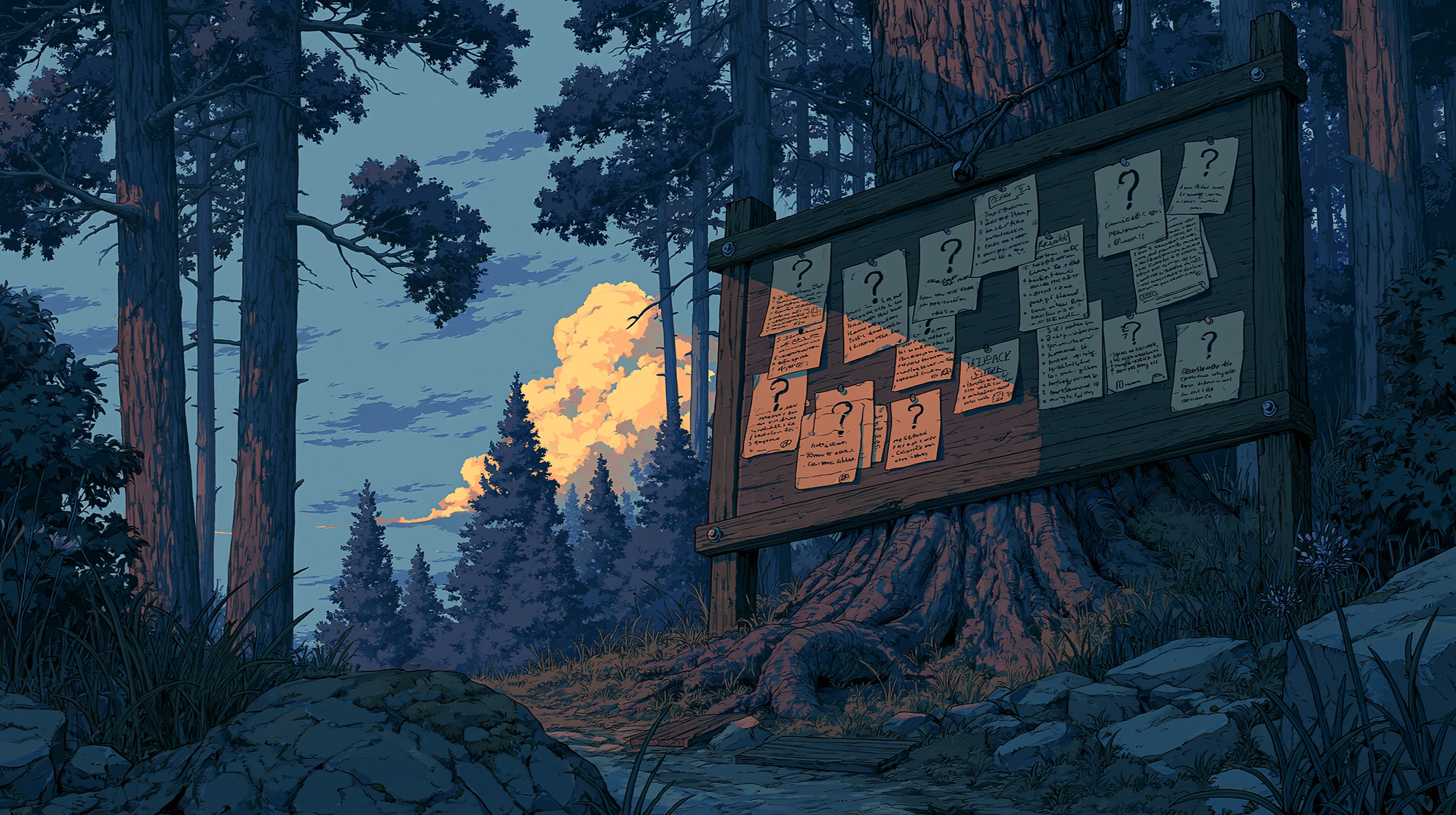 Illustration of a forest bulletin board covered with customer questions, notes, and feedback requests.