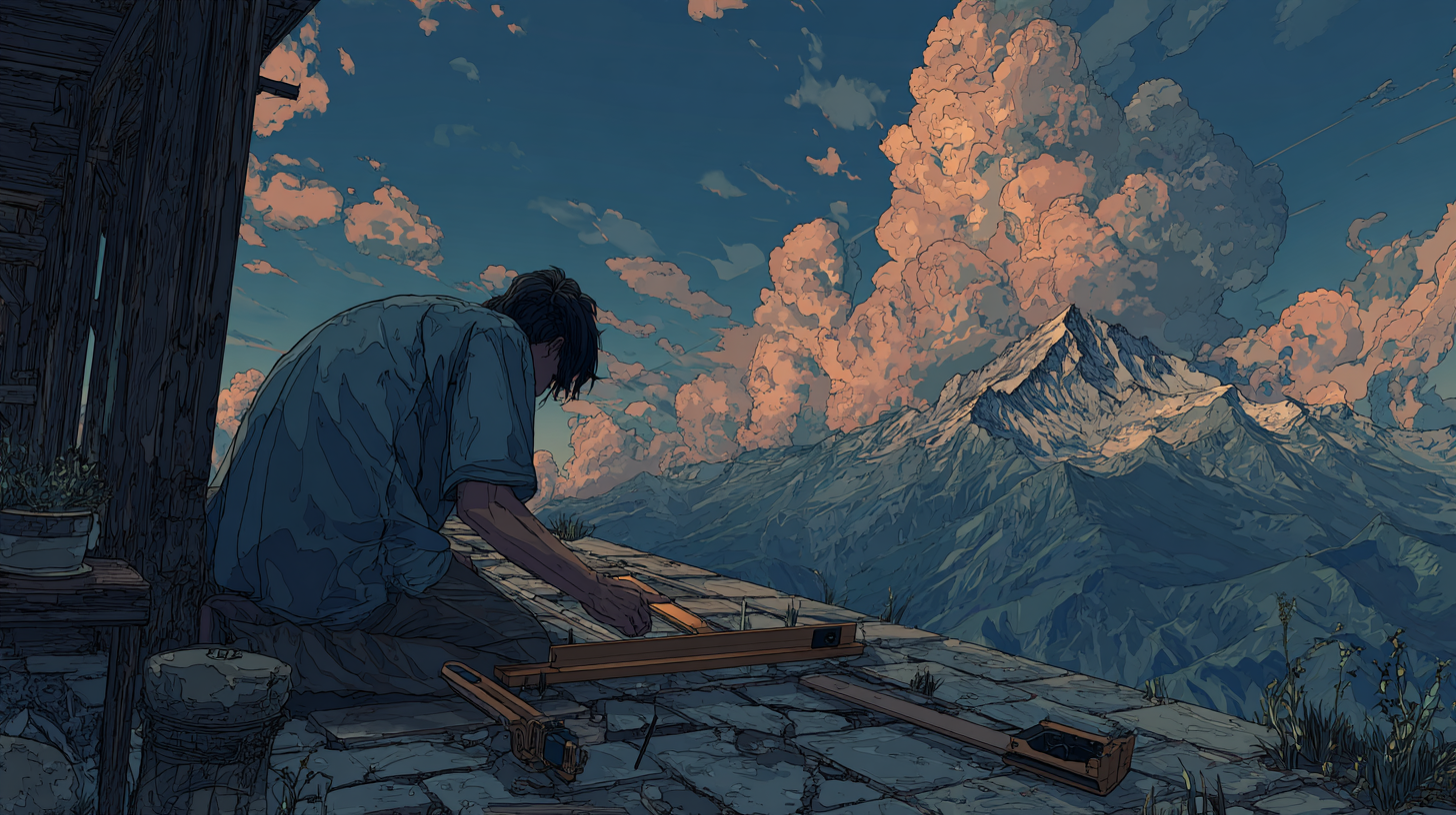 Illustration of a person carefully working on wooden planks beside a mountain view, representing the process of building clear customer service standards.