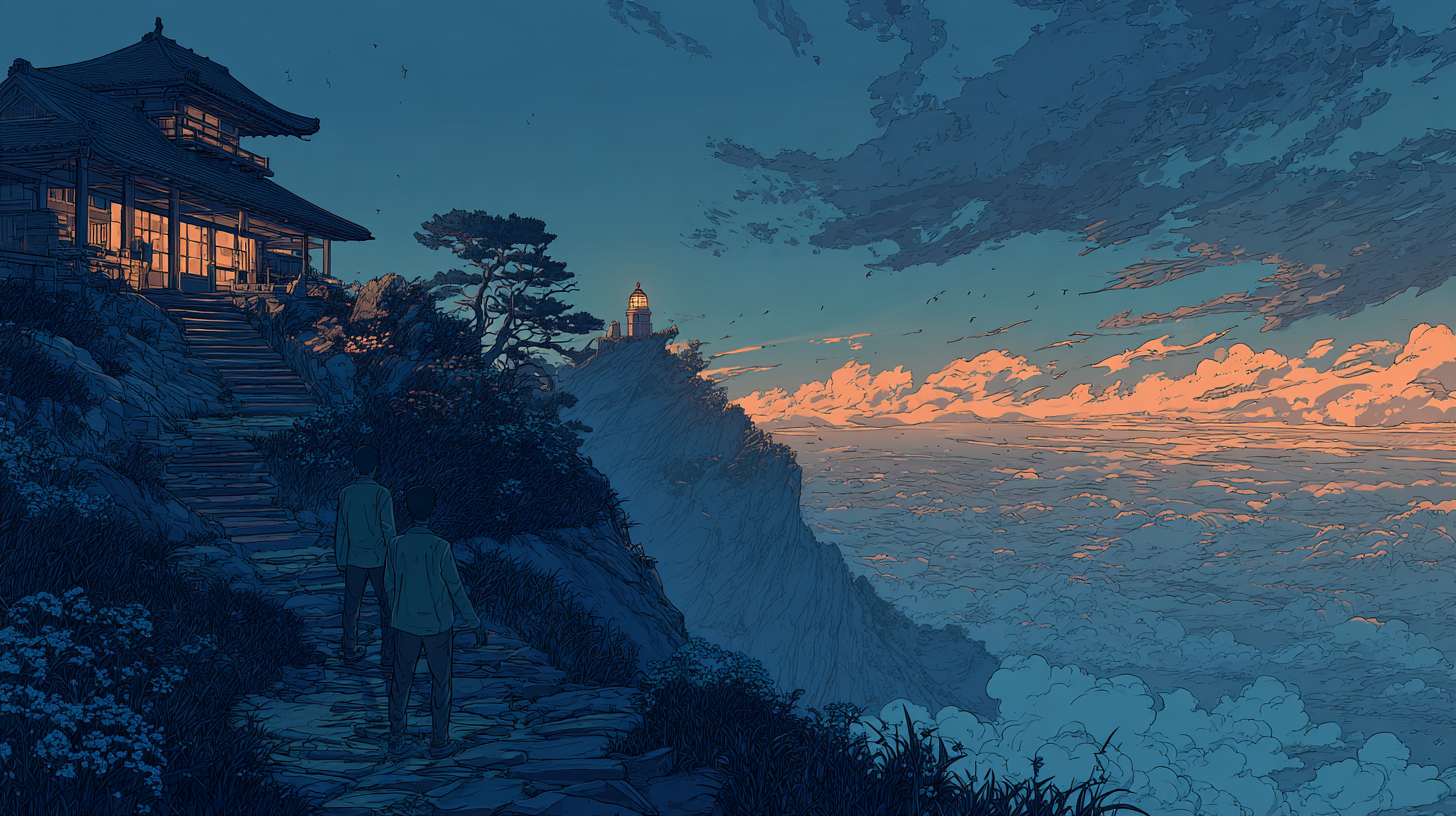Illustration of two people walking toward a lit house on a cliff at sunset, representing customer service and customer support working together.