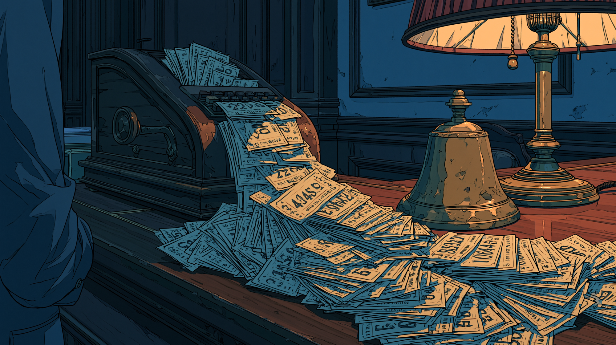 Illustration of ticket slips spilling out of a cash register onto a desk, representing customer support ticketing software.