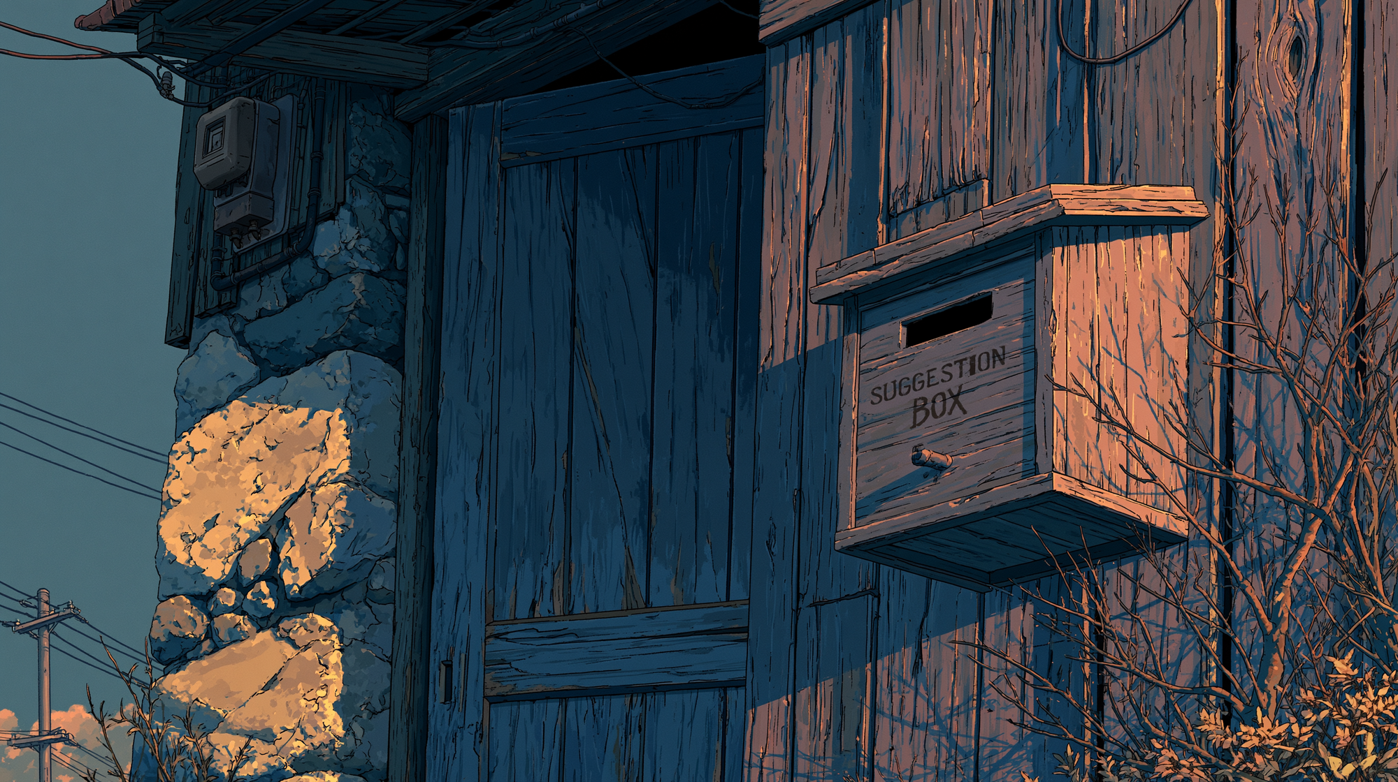 Illustrated wooden suggestion box mounted on a rustic wall at sunset, representing employee feedback collection and workplace suggestions.