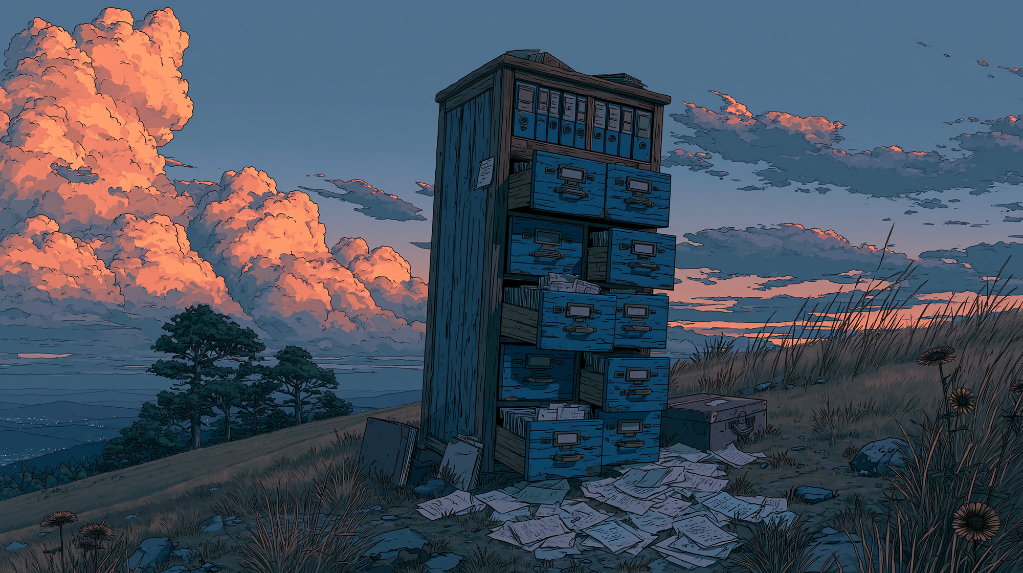 Illustrated filing cabinet standing outdoors at sunset, representing organized feedback records, customer insights, or stored requests.