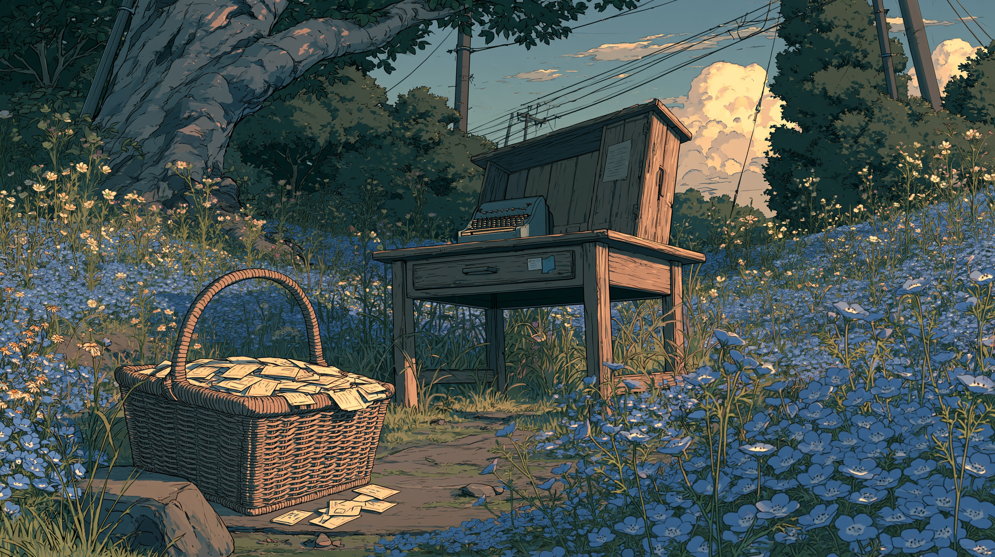 Illustrated meadow scene with blue flowers, a wicker basket, and a small wooden desk under trees at sunset.
