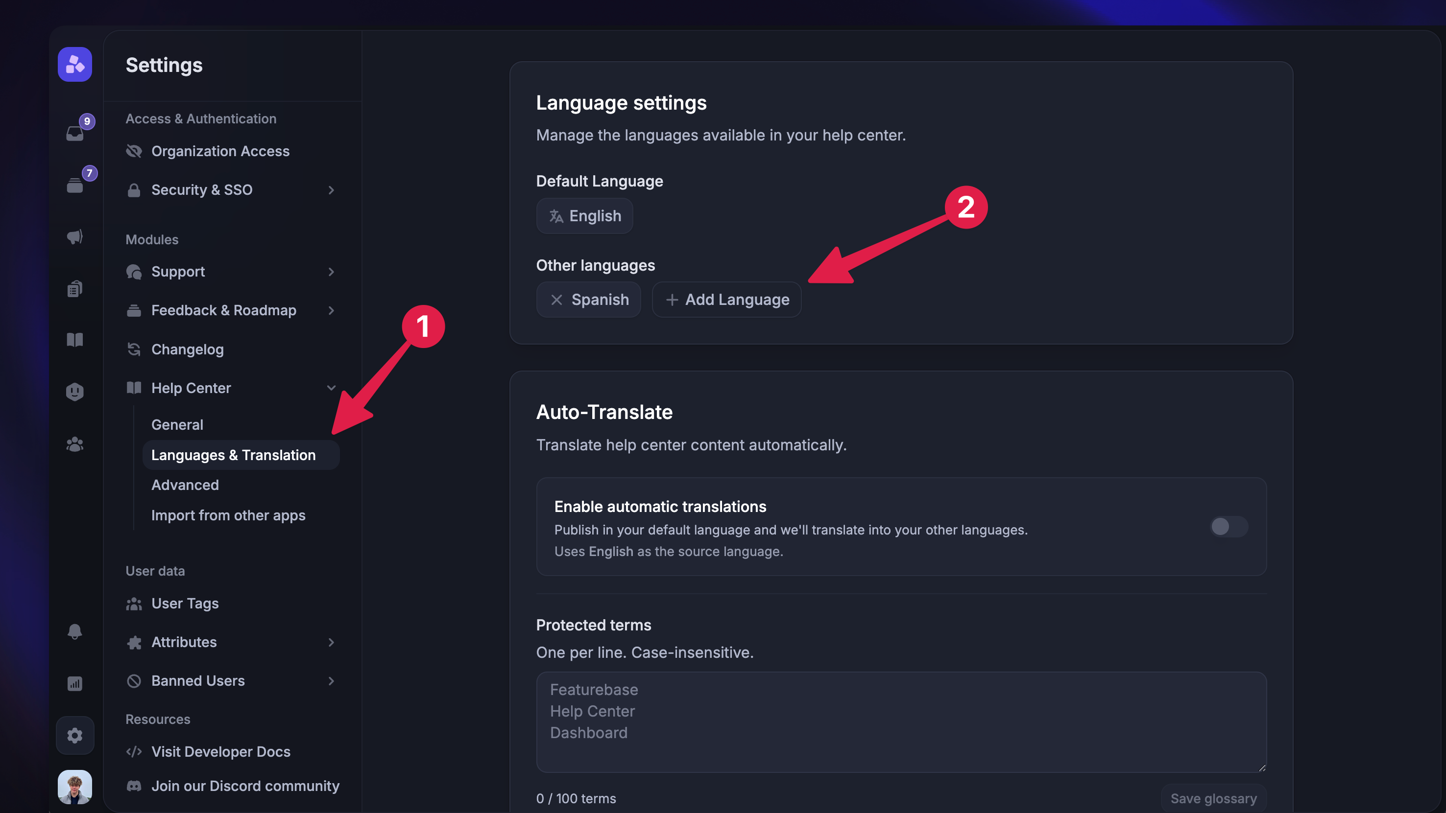 Featurebase settings for Help Center languages.