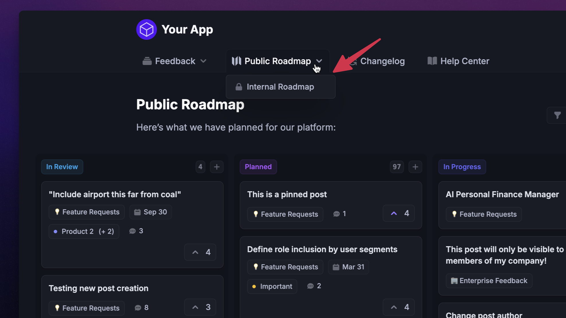 Featurebase roadmap interface showing a dropdown for switching between public and internal roadmaps.