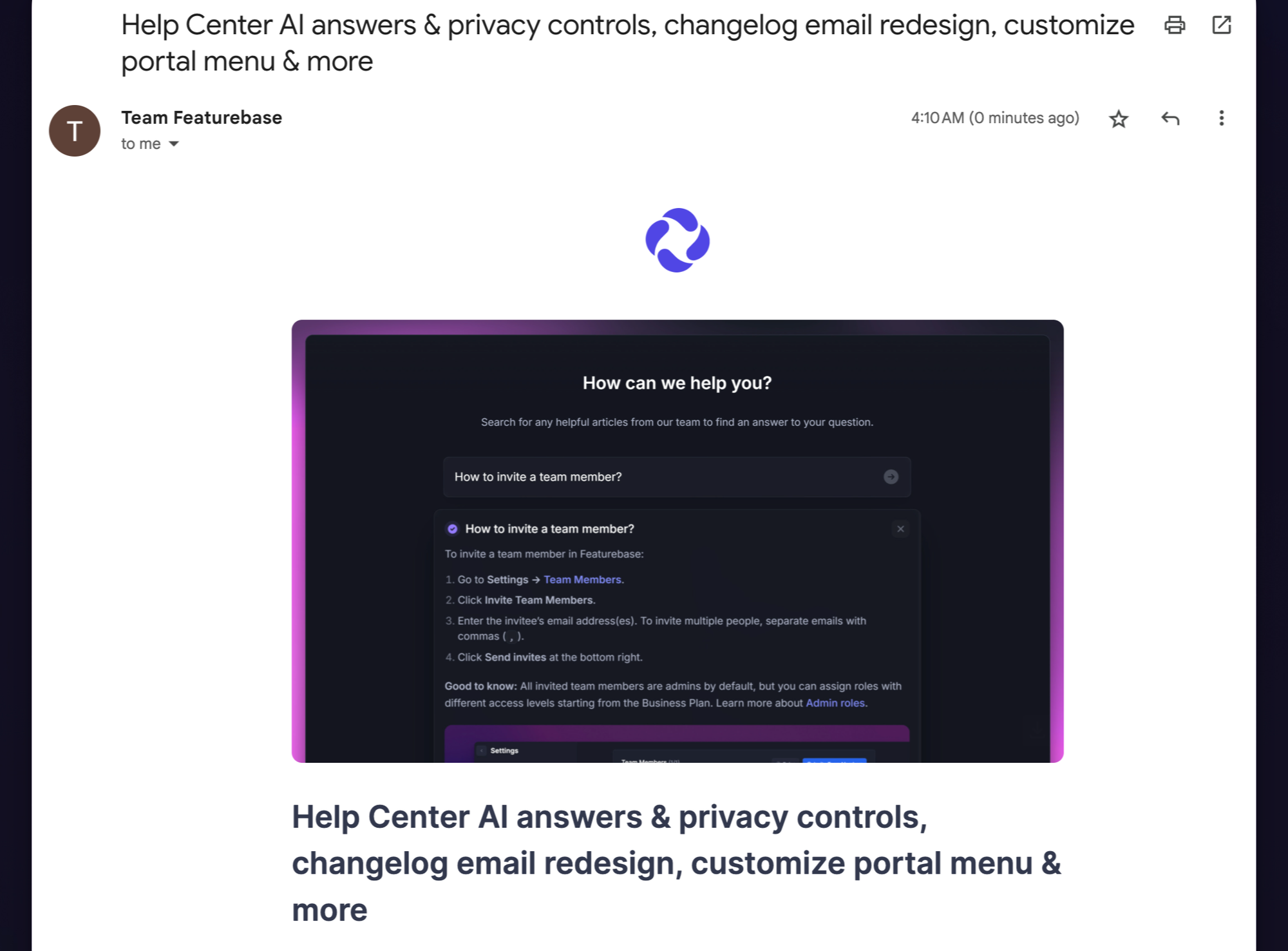 Featurebase changelog email notifying users about shipped product updates and new help center improvements.