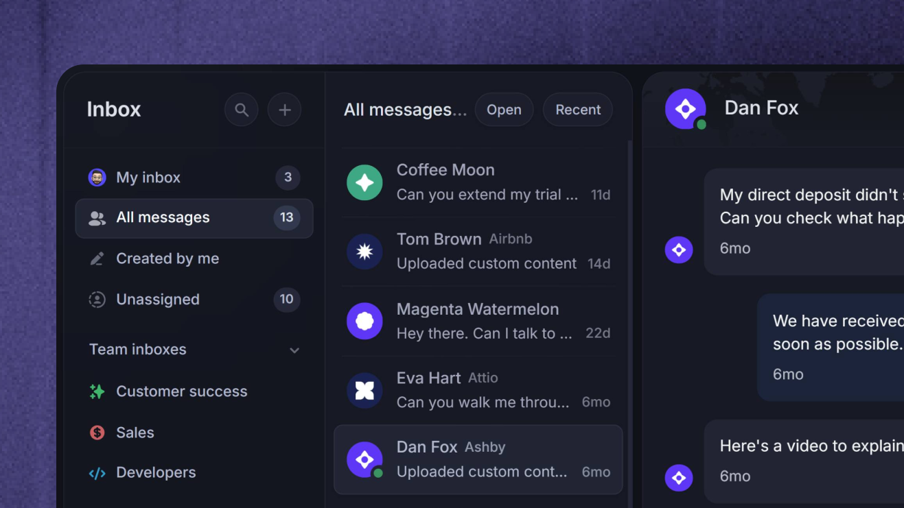 Featurebase team inbox with customer conversations