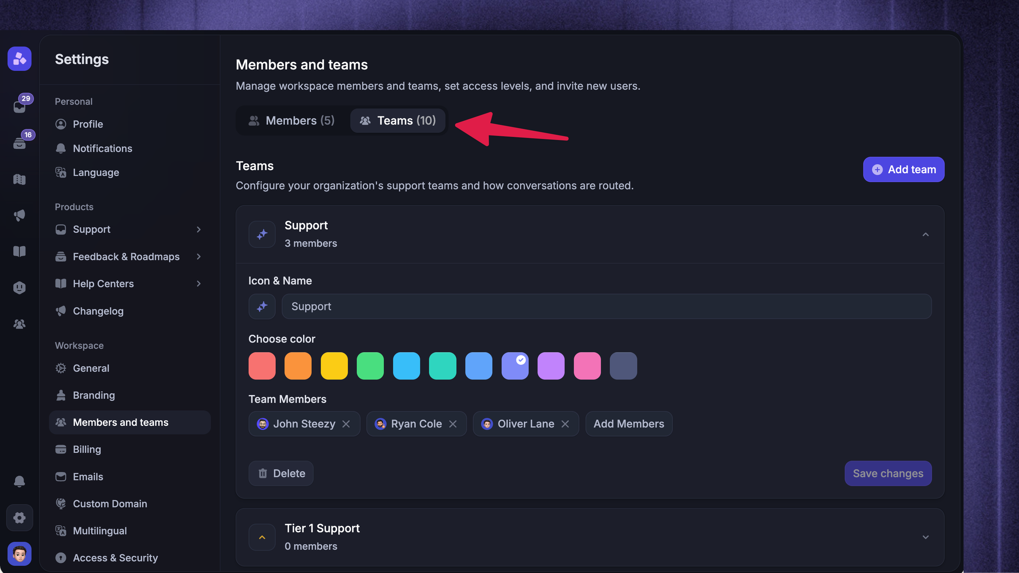 Featurebase team settings