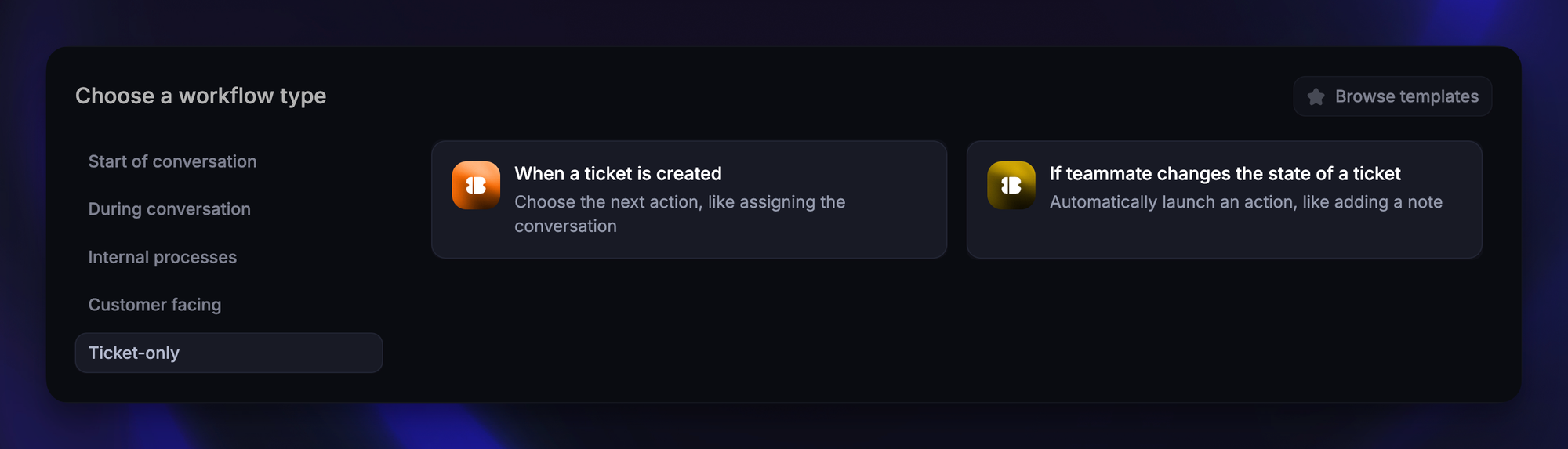Featurebase workflow setup screen showing ticket-only automation options