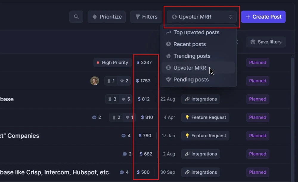 Featurebase view sorting feature requests by upvoter revenue contribution.