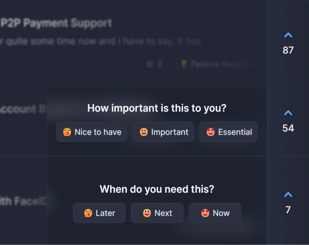 Featurebase feedback form asking users how important a request is and when they need it.