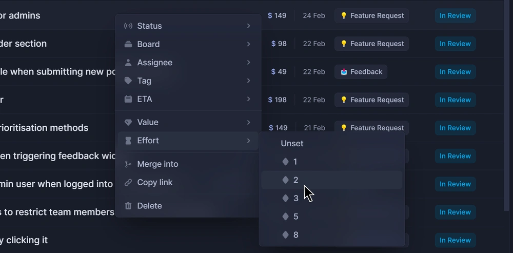 Featurebase menu for setting value and effort scores on feedback items.