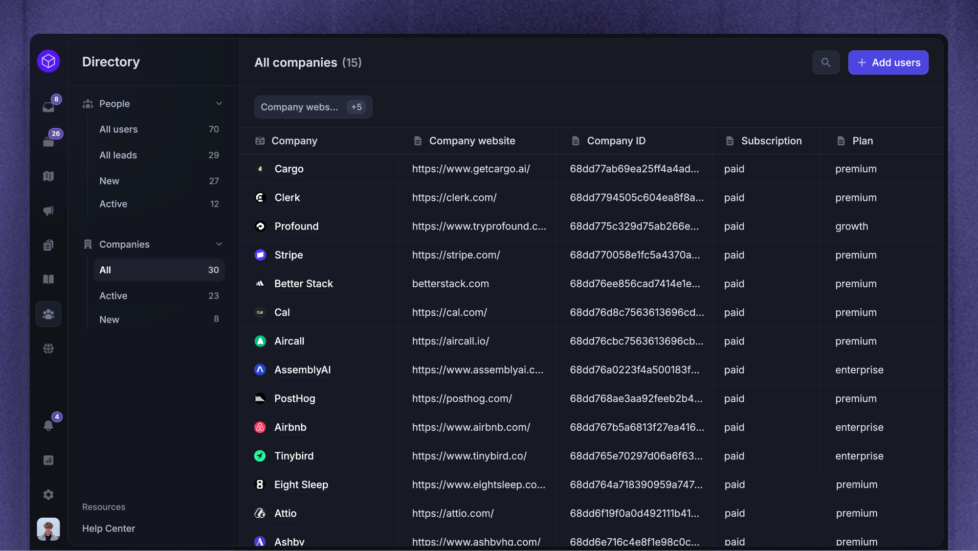 Featurebase company list showing company records and account details.