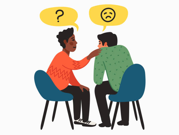 Illustration of an empathetic customer service agent comforting a frustrated customer during a support conversation.