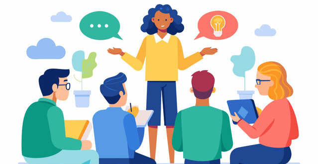 Illustration of a customer service trainer explaining ideas to a team, representing clear communication in support.