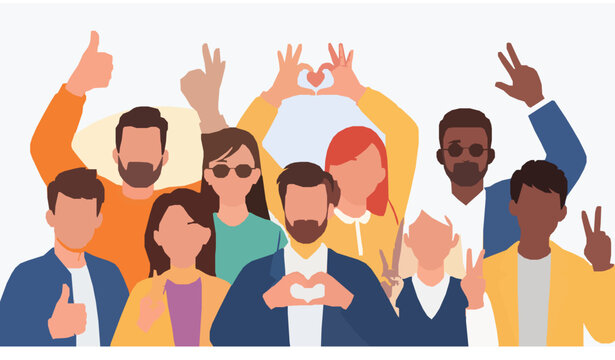 Illustration of a diverse group of people using positive gestures, representing positive language in customer support.