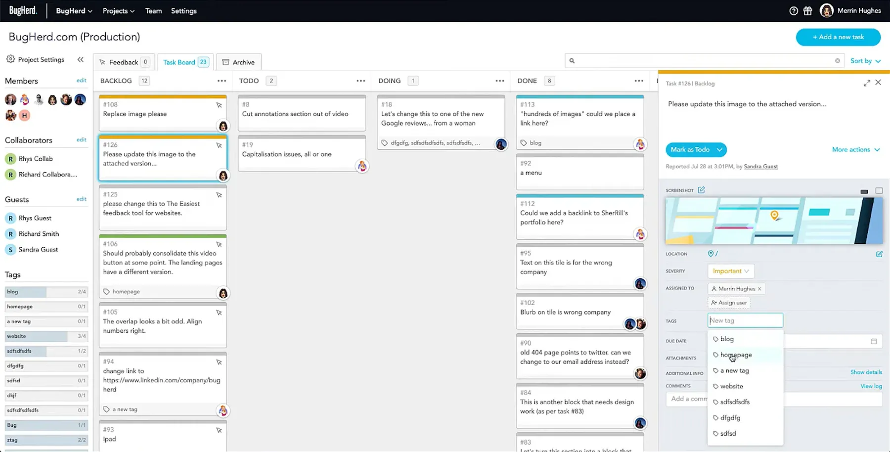 BugHerd's roadmap view