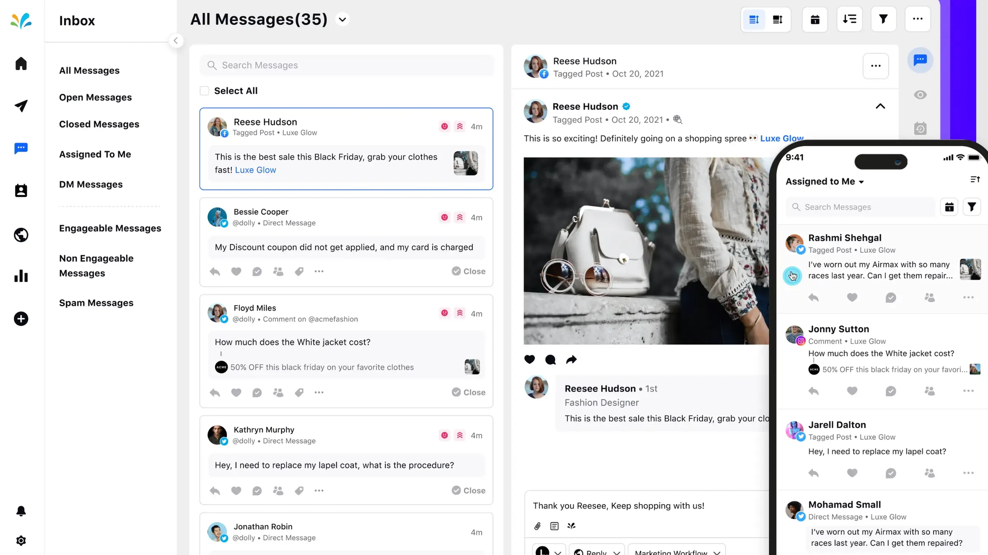 Sprinklr inbox showing customer messages across desktop and mobile.