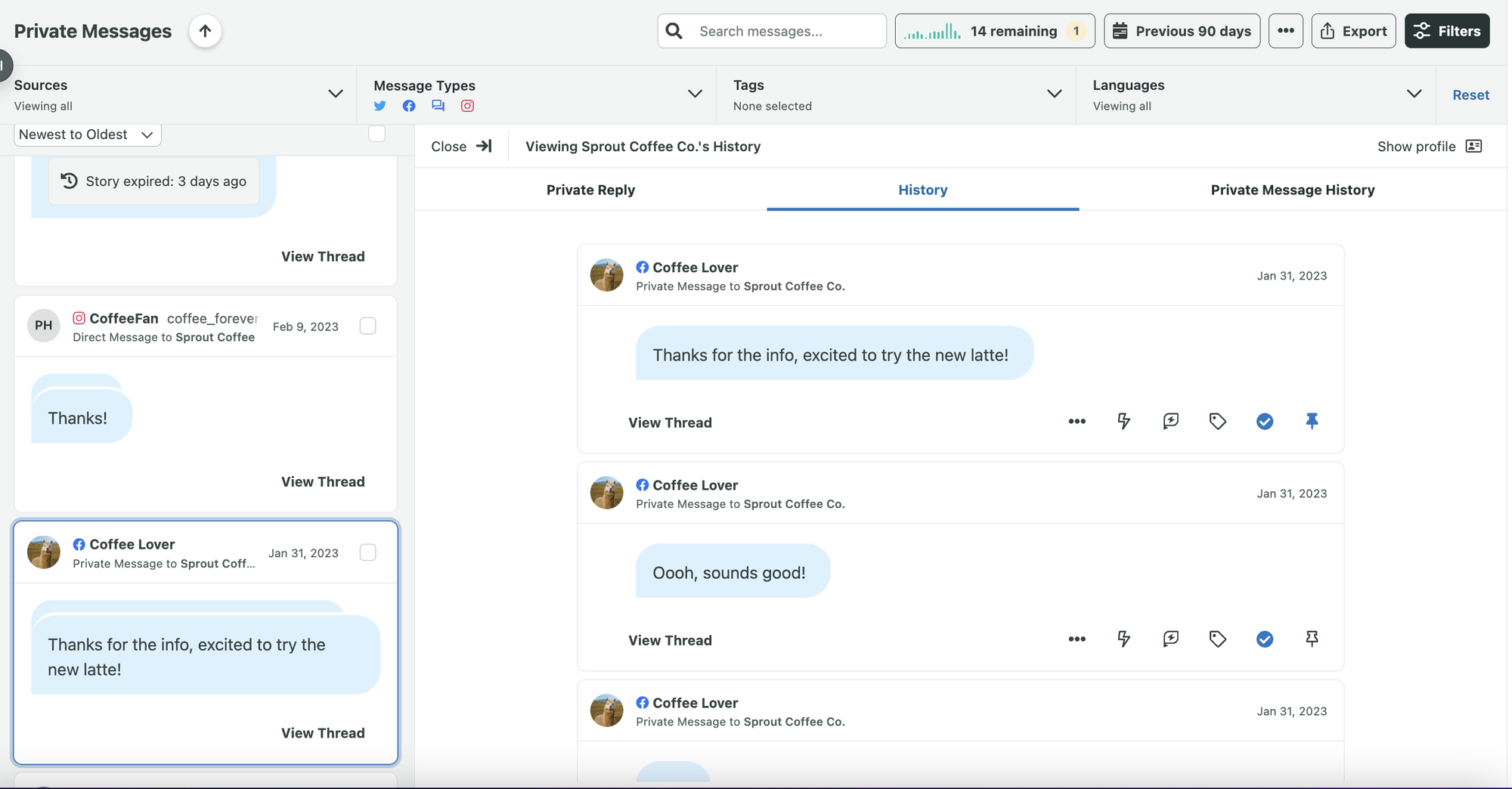 Sprout Social inbox showing private customer messages.
