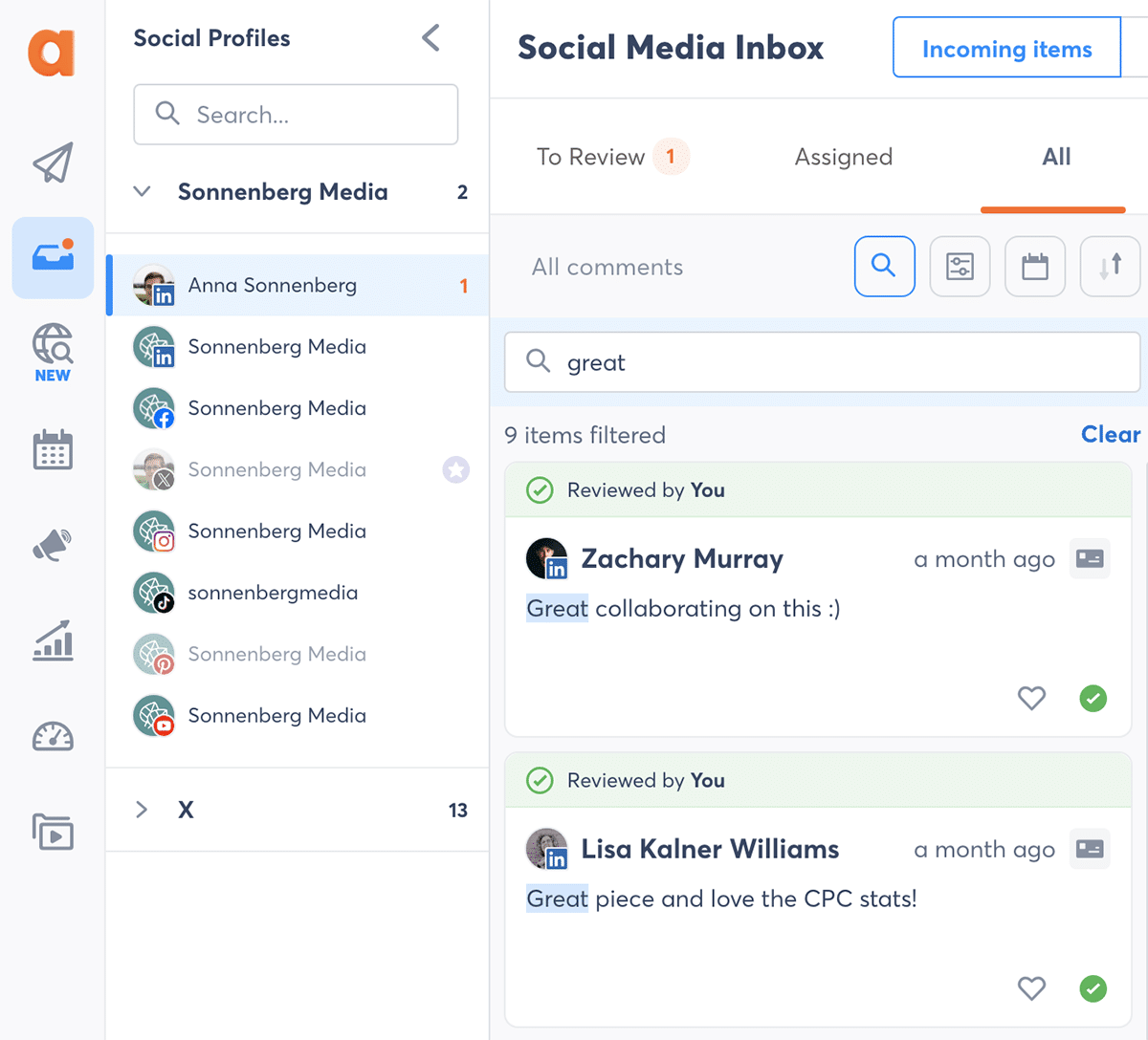 Agorapulse social inbox showing reviewed comments.