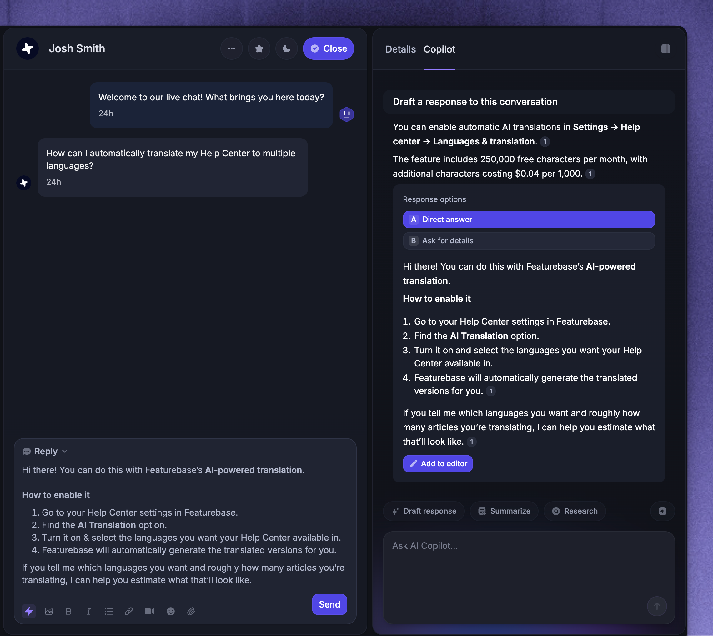 Featurebase AI Copilot drafting a customer support reply.