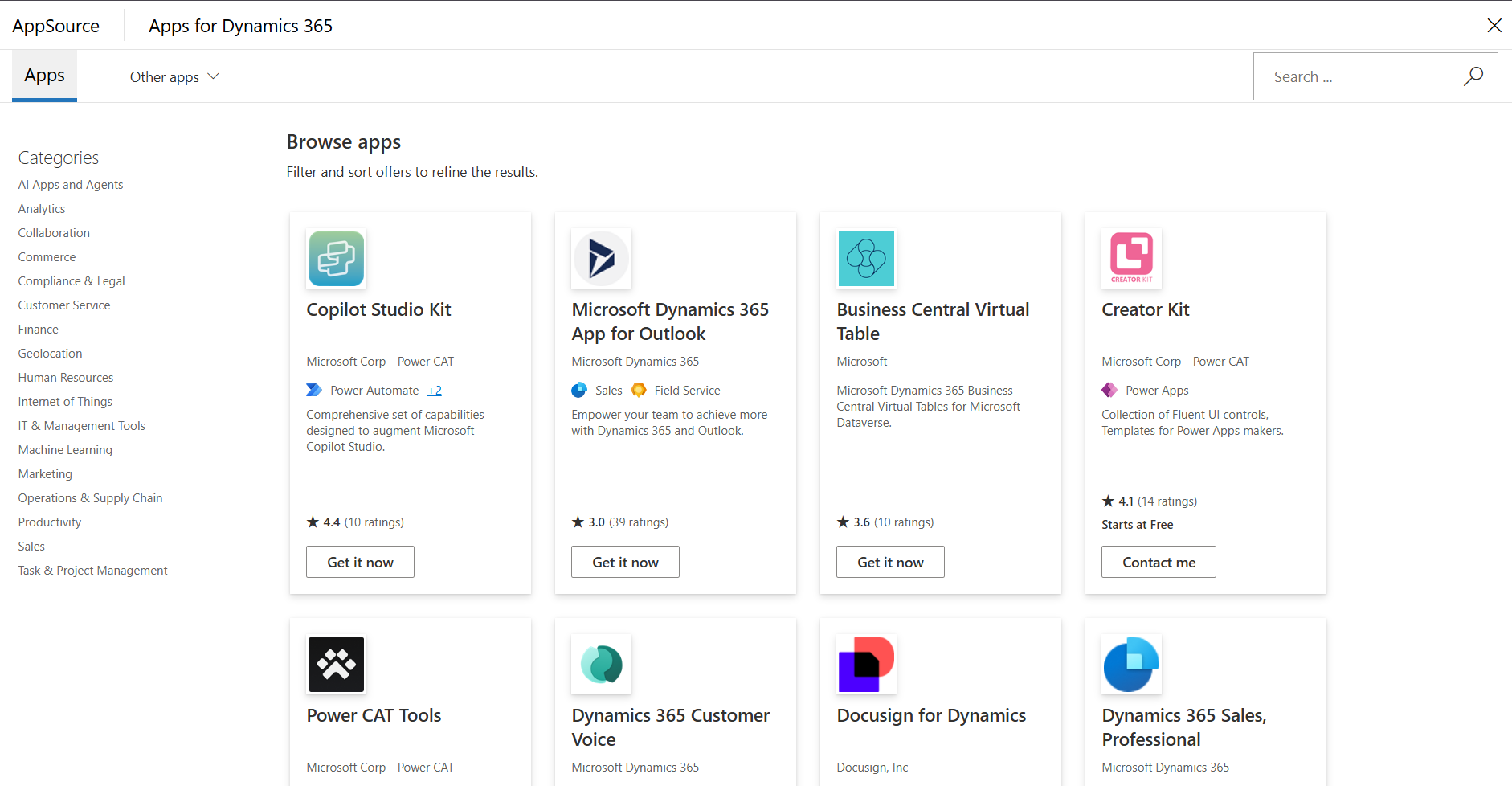 Microsoft AppSource list of apps