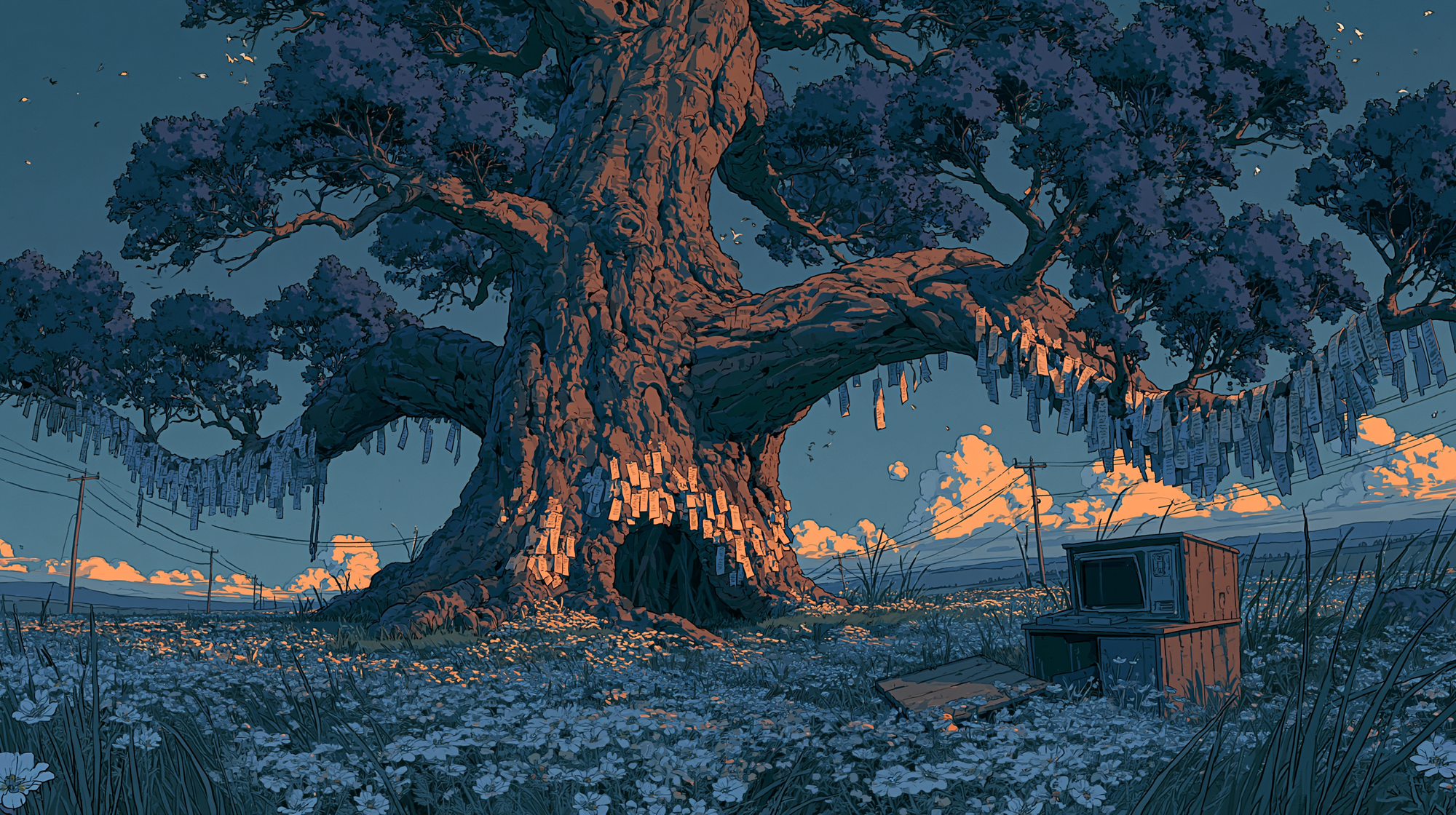 Illustration of a massive old tree in a grassy field at dusk, with a small vintage computer sitting nearby under the branches.
