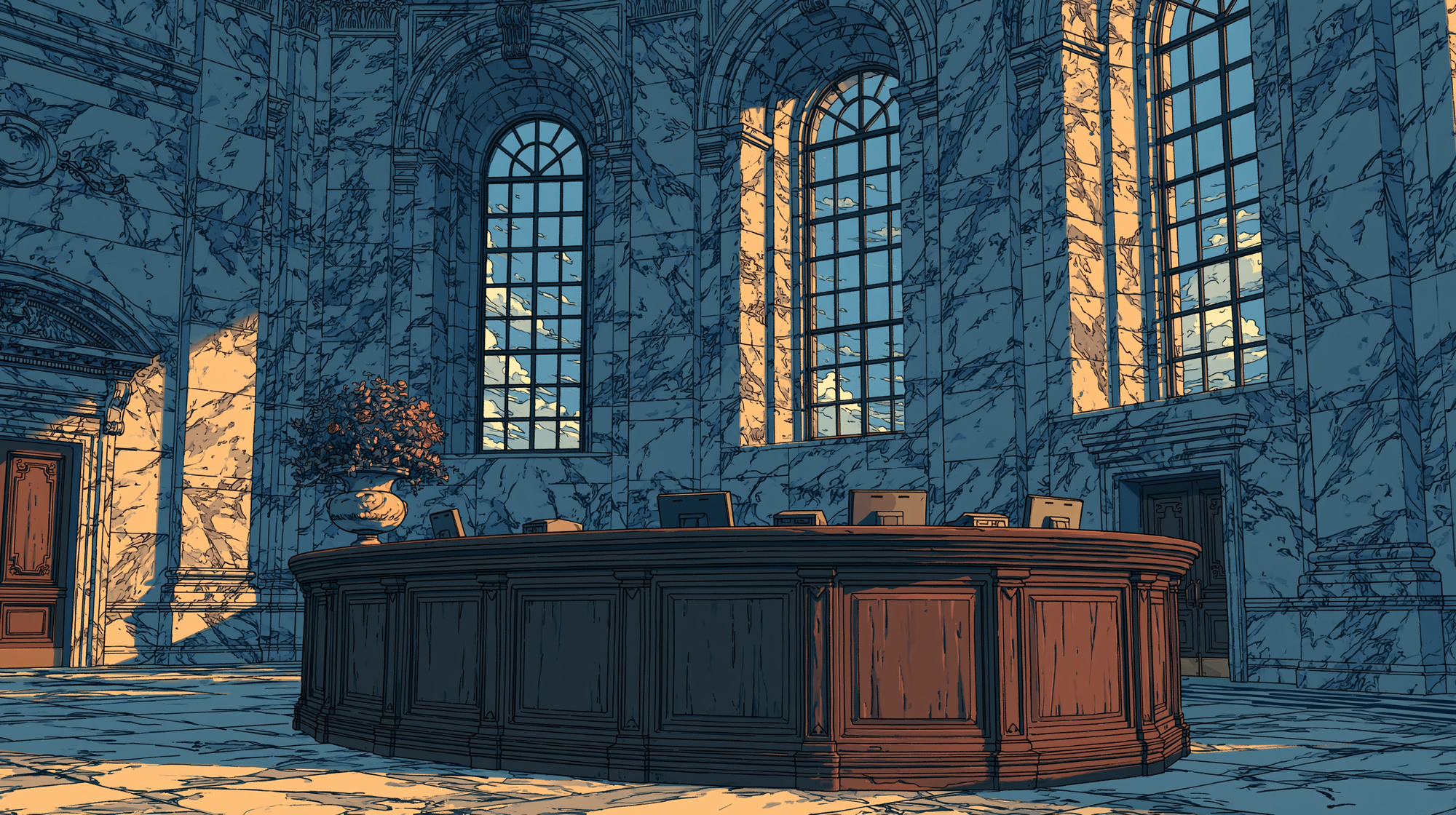 Illustrated help desk inside a grand marble hall with tall arched windows, warm sunlight, and a curved wooden reception counter.