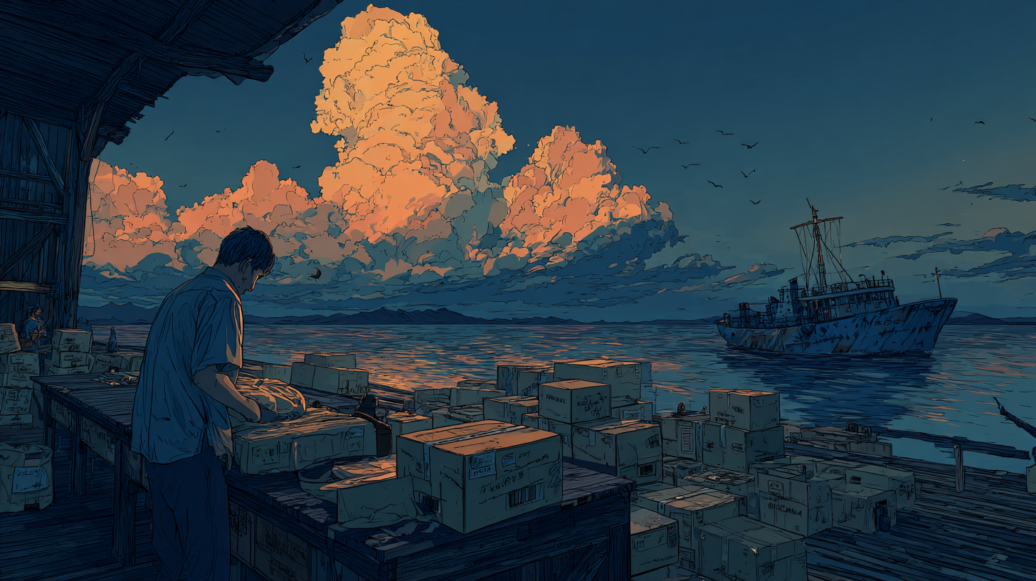 Illustration of a worker checking shipping boxes on a dock at sunset, with a cargo ship in the distance and large orange clouds over the ocean.