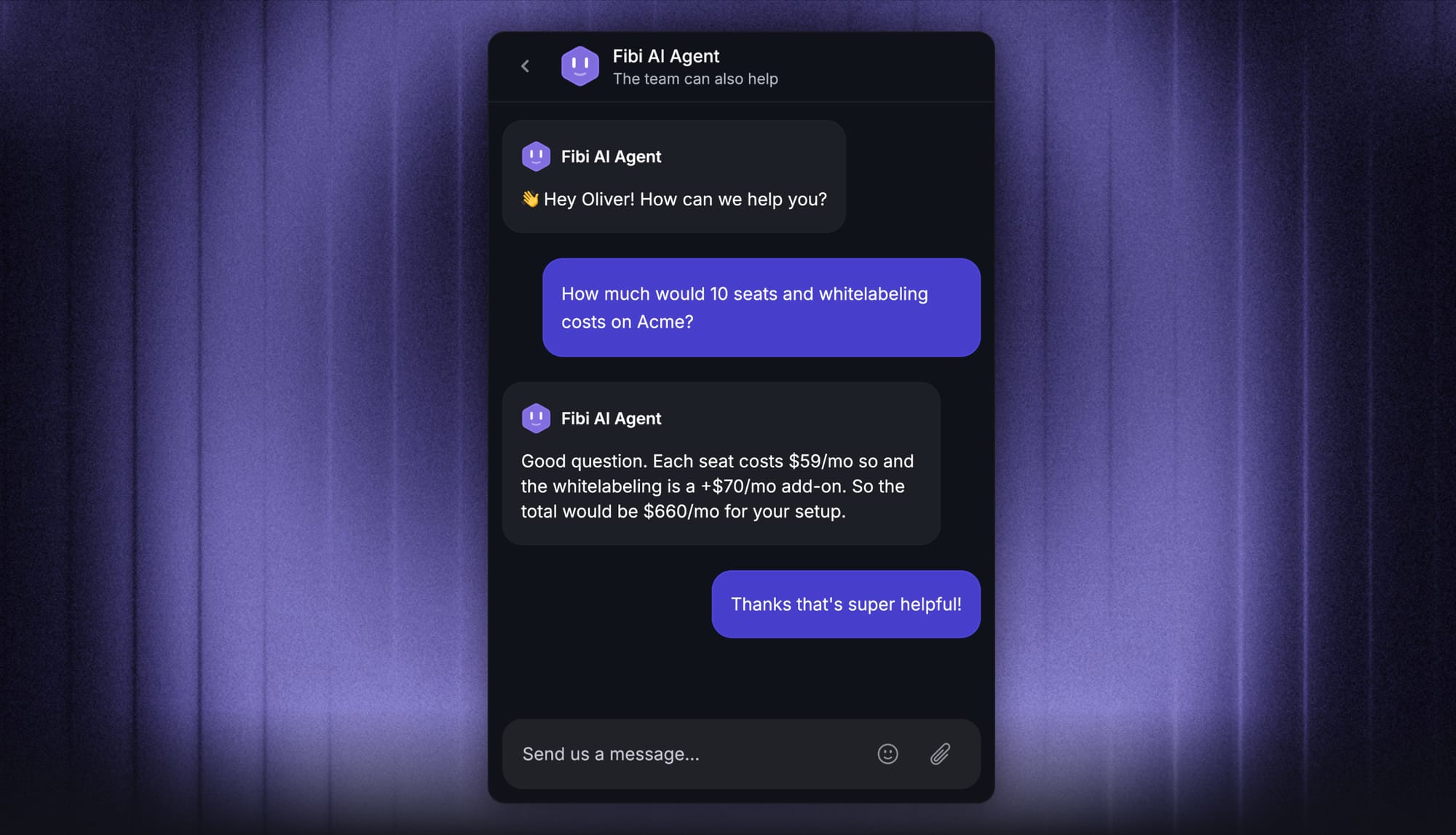 Fibi AI helping with pricing questions.