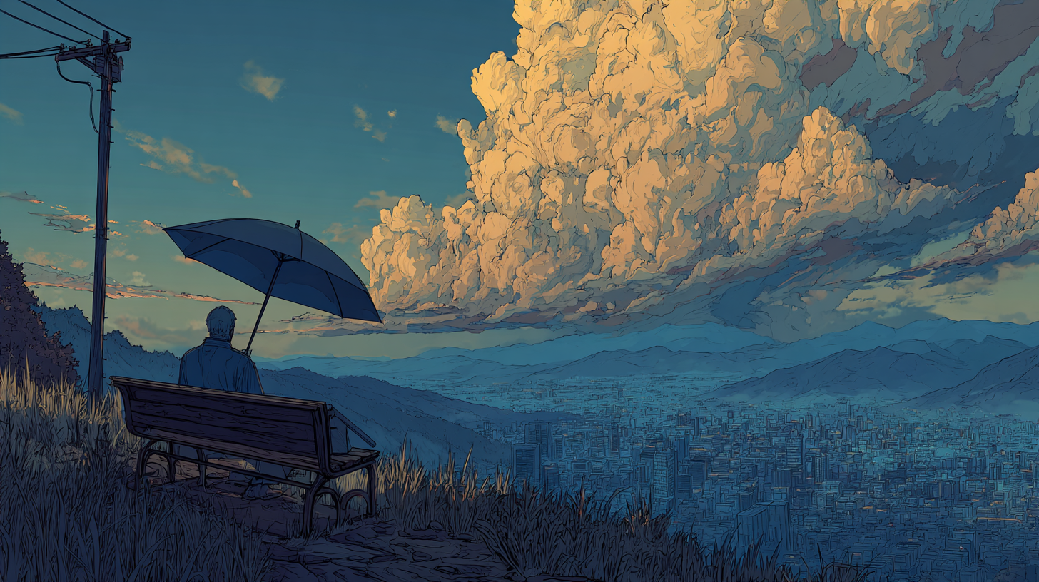 A calm illustrated scene of a person sitting on a bench under an umbrella, overlooking a city and mountains beneath dramatic clouds.