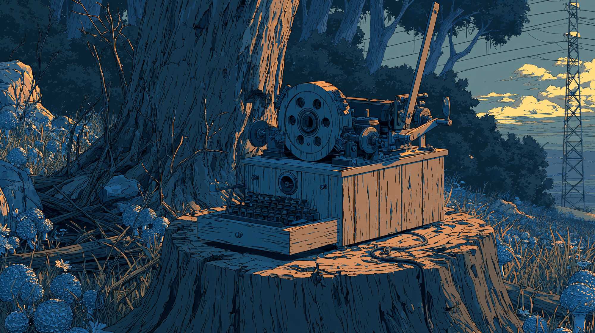 Illustrated ballot box with voting tokens on a tree stump at dusk, representing feedback voting, prioritization, and customer input.