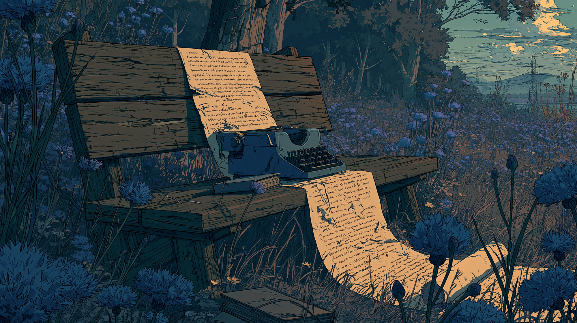 Illustrated typewriter on a rustic desk with pages of notes in a flower field at sunset, representing written feedback and idea documentation.