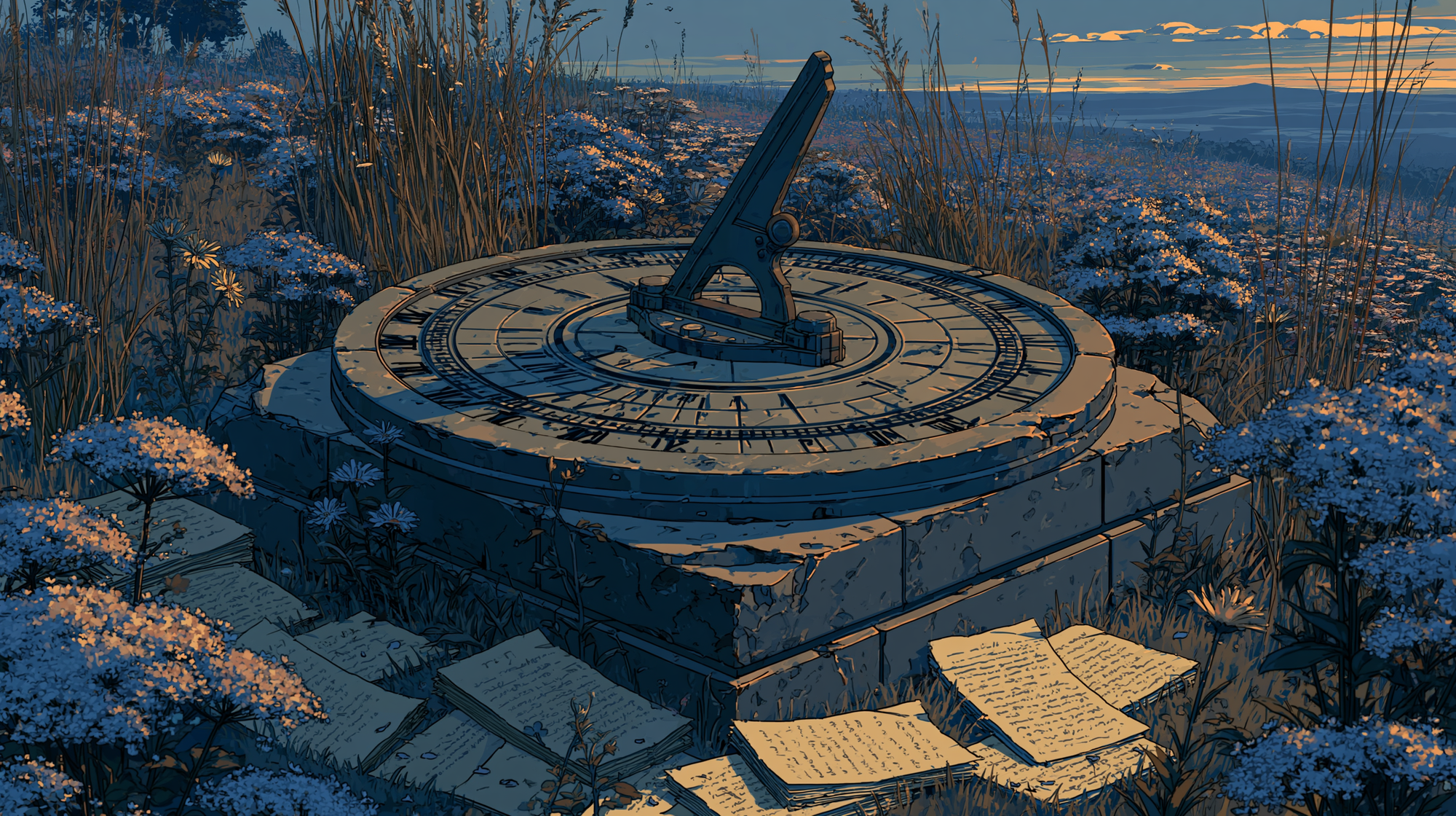 An image of a sun dial with scattered notes around it, representing real-time customer feedback