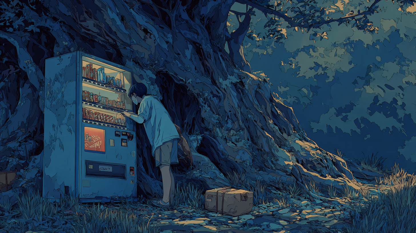 Customer using a vending machine at night as a metaphor for self-service support.