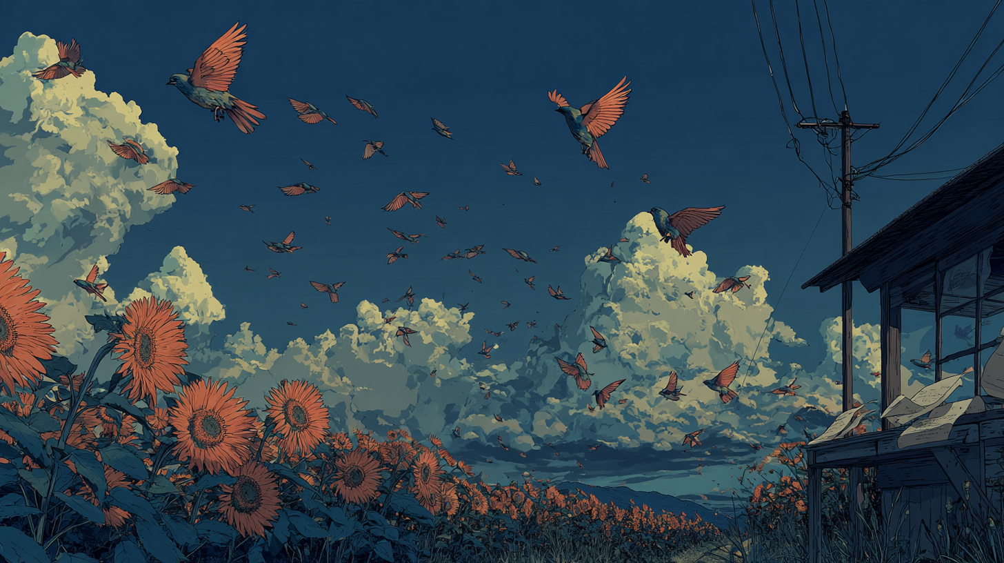Illustration of orange birds flying over a sunflower field at dusk, with large clouds in the sky and a house on the right.