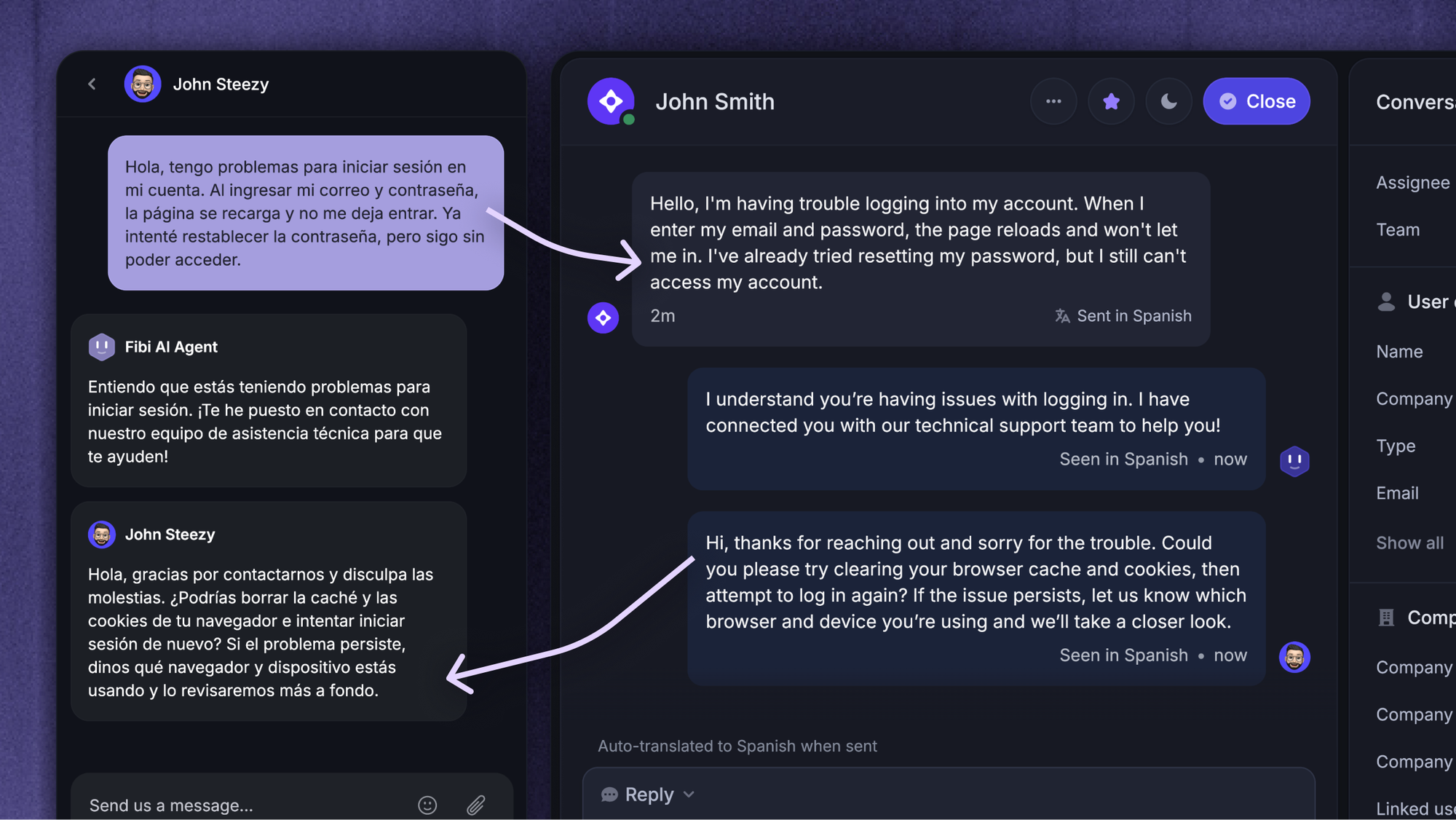 Featurebase's Support inbox showing Spanish messages translated for an agent.