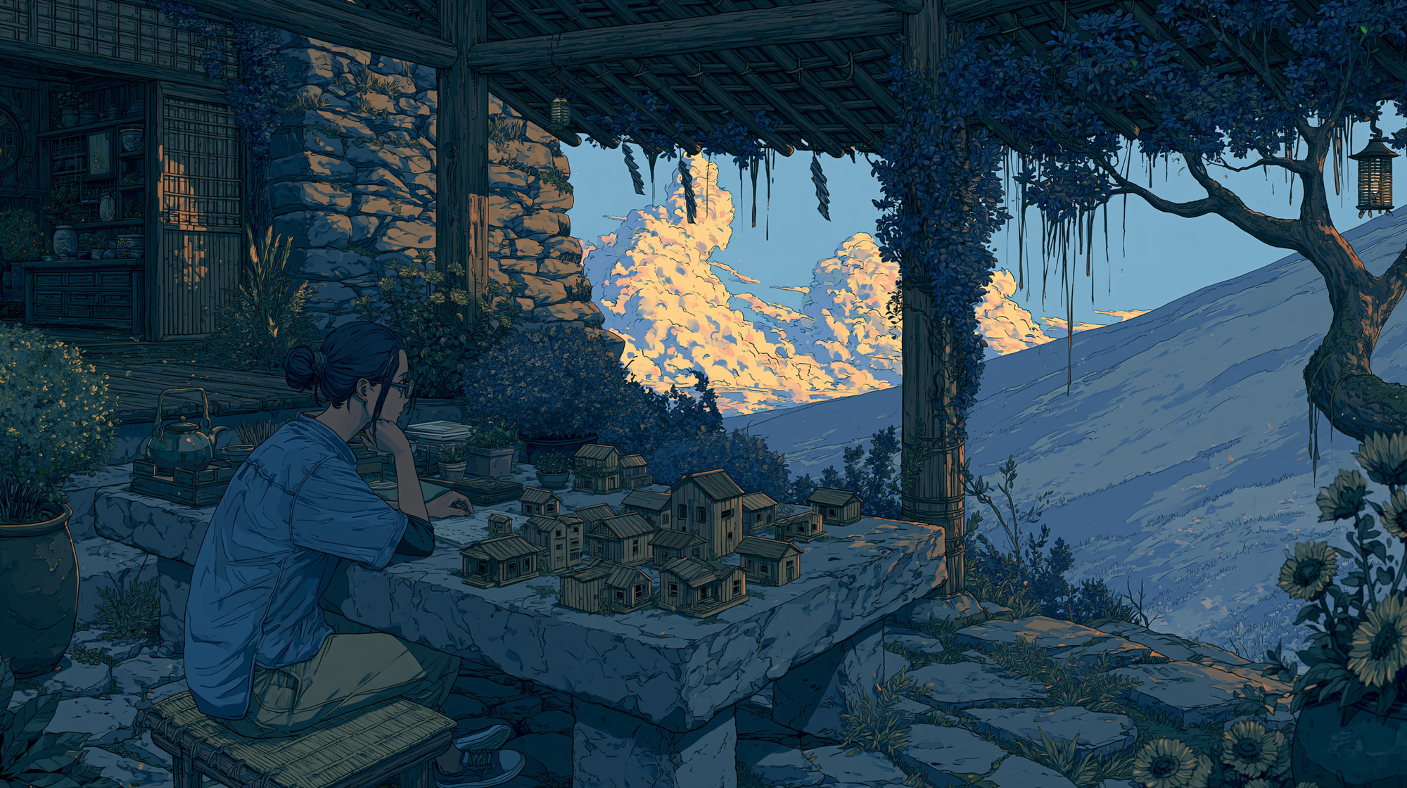Illustration of a person studying a miniature village model on a stone table from a mountain terrace, with clouds and distant blue hills in the background.