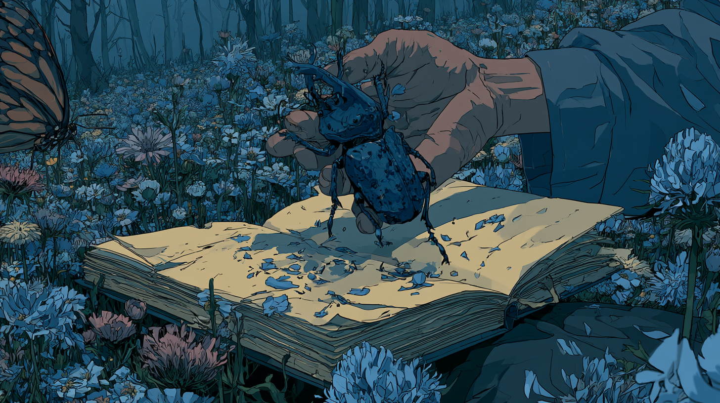 Illustration for “what is a bug report” showing a hand holding a blue beetle over an open field notebook.