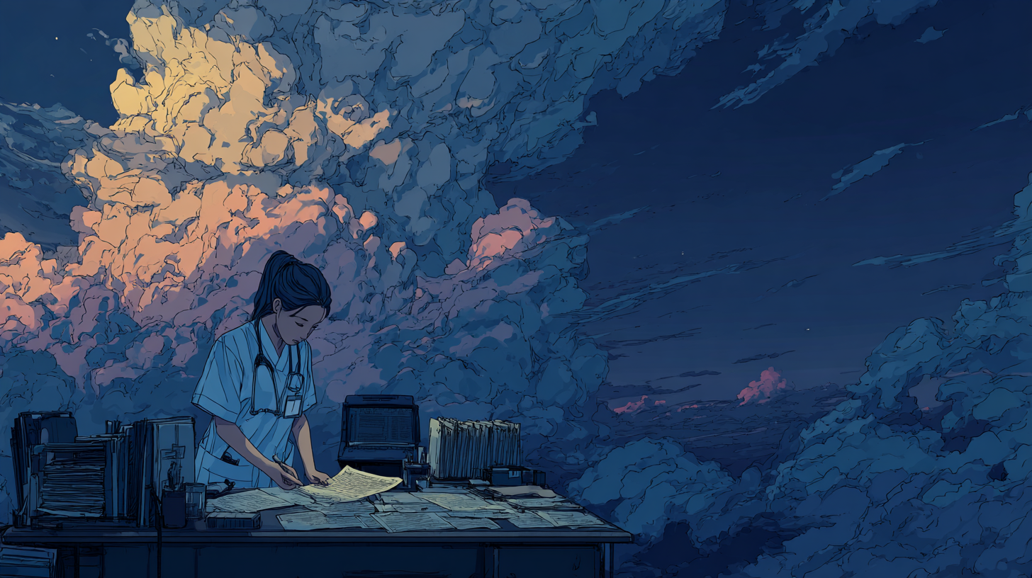 Illustration of a healthcare support worker reviewing patient documents at a desk with a cloud-filled background