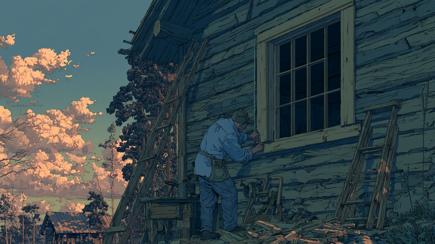Anime-style illustration of a worker installing or repairing a window on a wooden house at sunset.