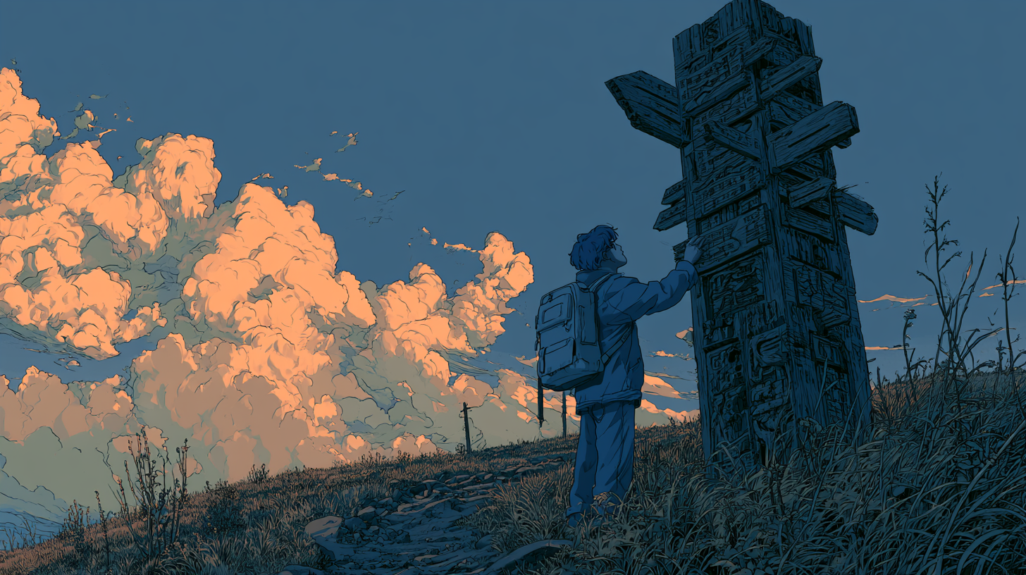 Illustration of a person standing by a tall wooden signpost on a grassy hill at sunset, with large glowing clouds in the background, used as the feature image for an Aha! review article.