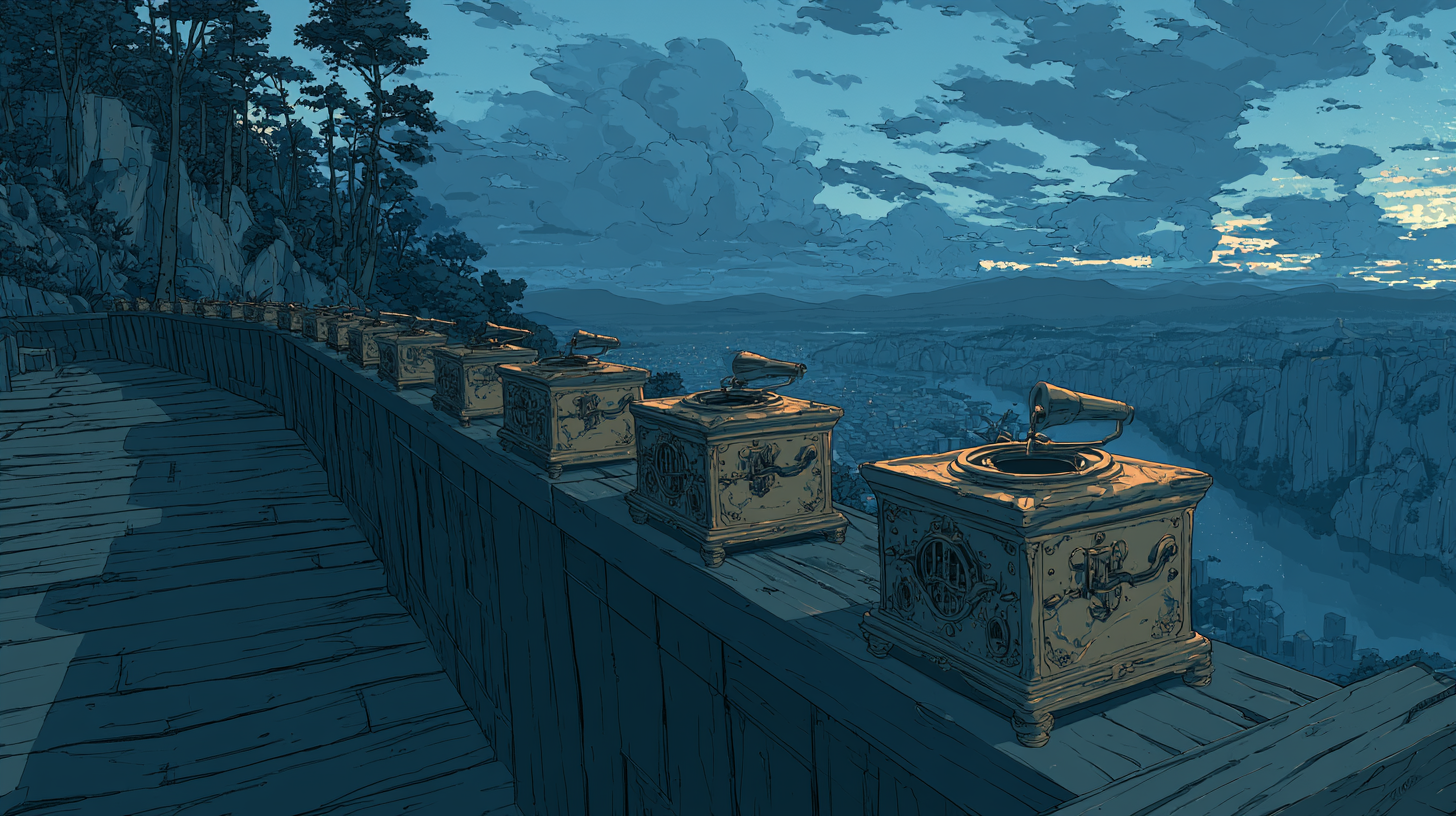 Anime-style row of chatbot devices lined along a bridge, used as a feature image for AI chatbot platforms for customer support.