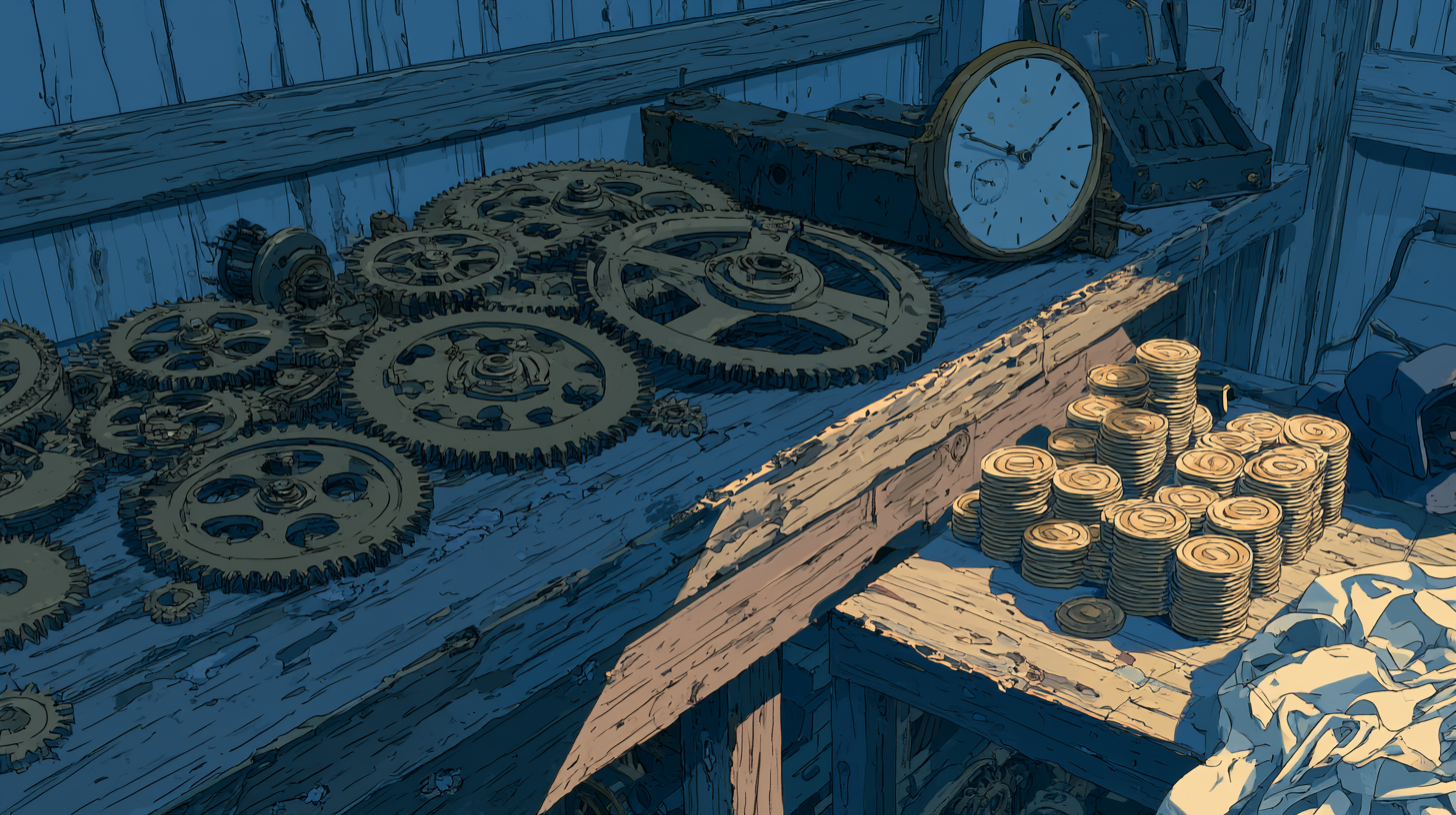 Illustration of clock gears, coins, and a vintage clock on wooden shelves, representing ChatBot.com pricing and costs.