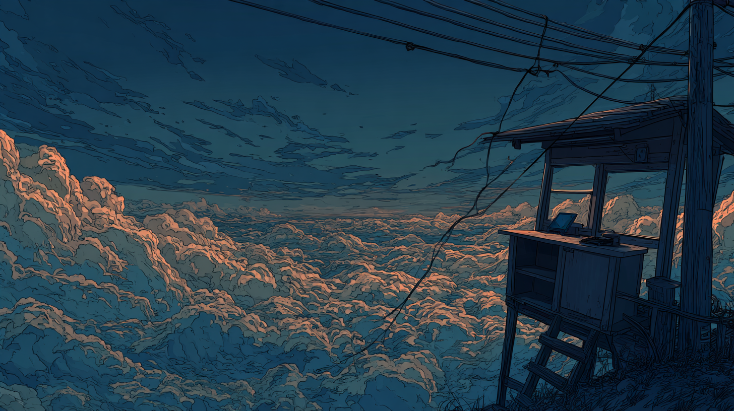 Cloudy sunset sky with a small wooden lookout station and power lines, used as the hero image for an article about cloud-based customer service software.