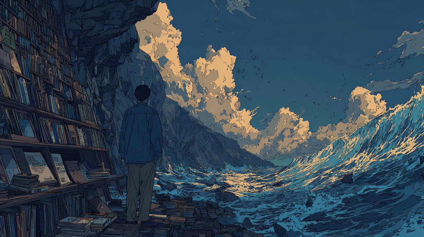 Illustration of a person beside a library wall facing a stormy sea, representing customer self-service software and knowledge bases.